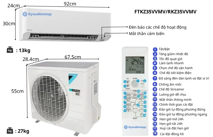 Thông số kỹ thuật điều hoà daikin 12000btu 1 chiều inverter cao cấp FTKZ35VVMV
